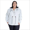 Beige plus size rain jacket on model, front image