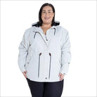 Beige plus size rain jacket on model, front image