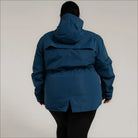 Blue plus size rain jacket on model, back image