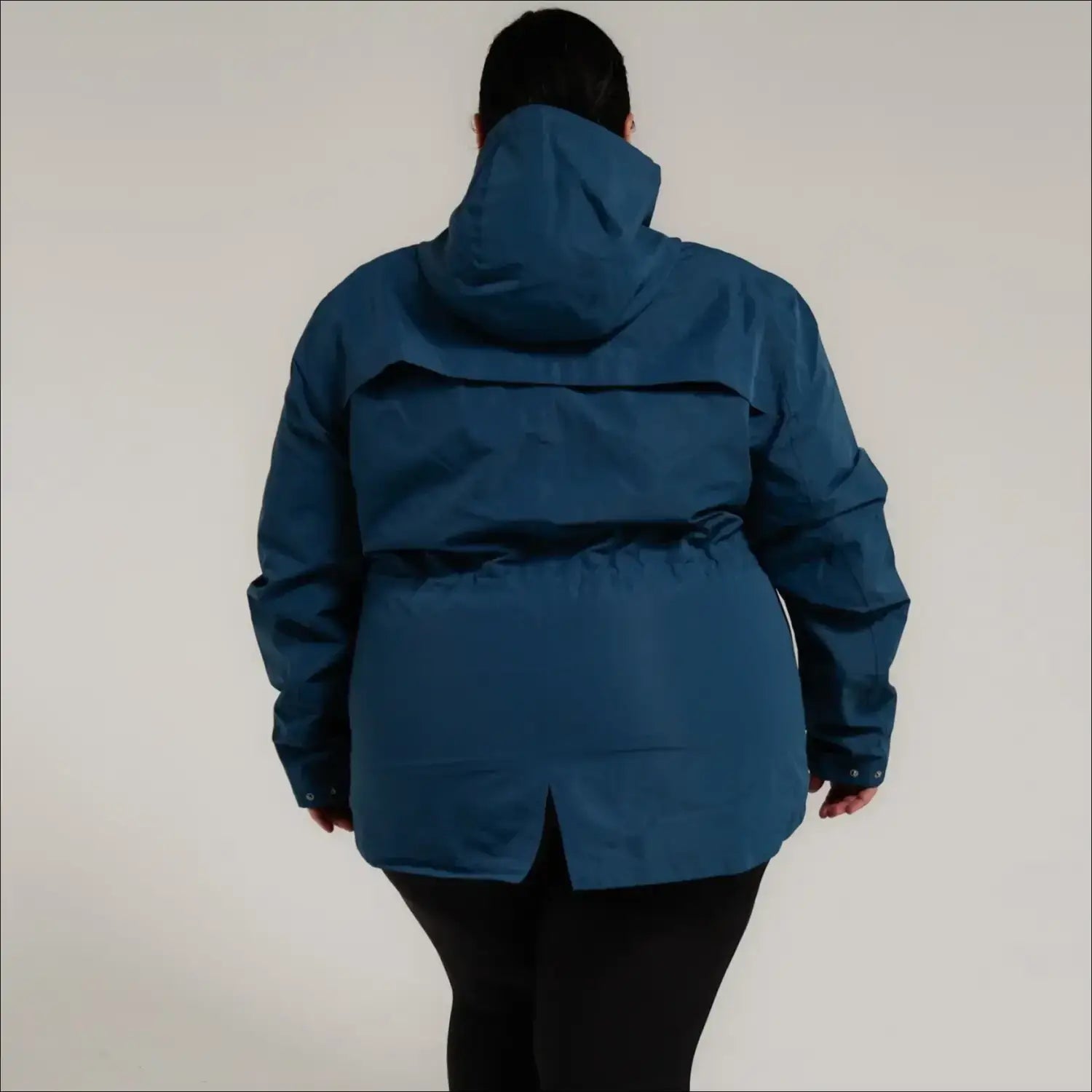 Blue plus size rain jacket on model, back image