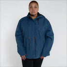 Blue plus size rain jacket on model, front image