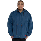 Blue plus size rain jacket on model, front image