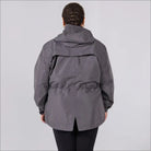 Gray plus size rain jacket on model, back image