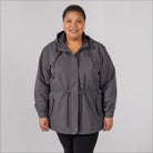 Gray plus size rain jacket on model, front image