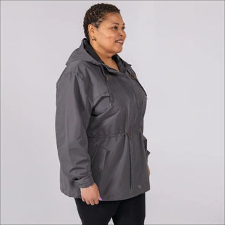 Gray plus size rain jacket on model, side image