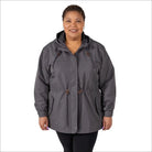 Gray plus size rain jacket on model, front image