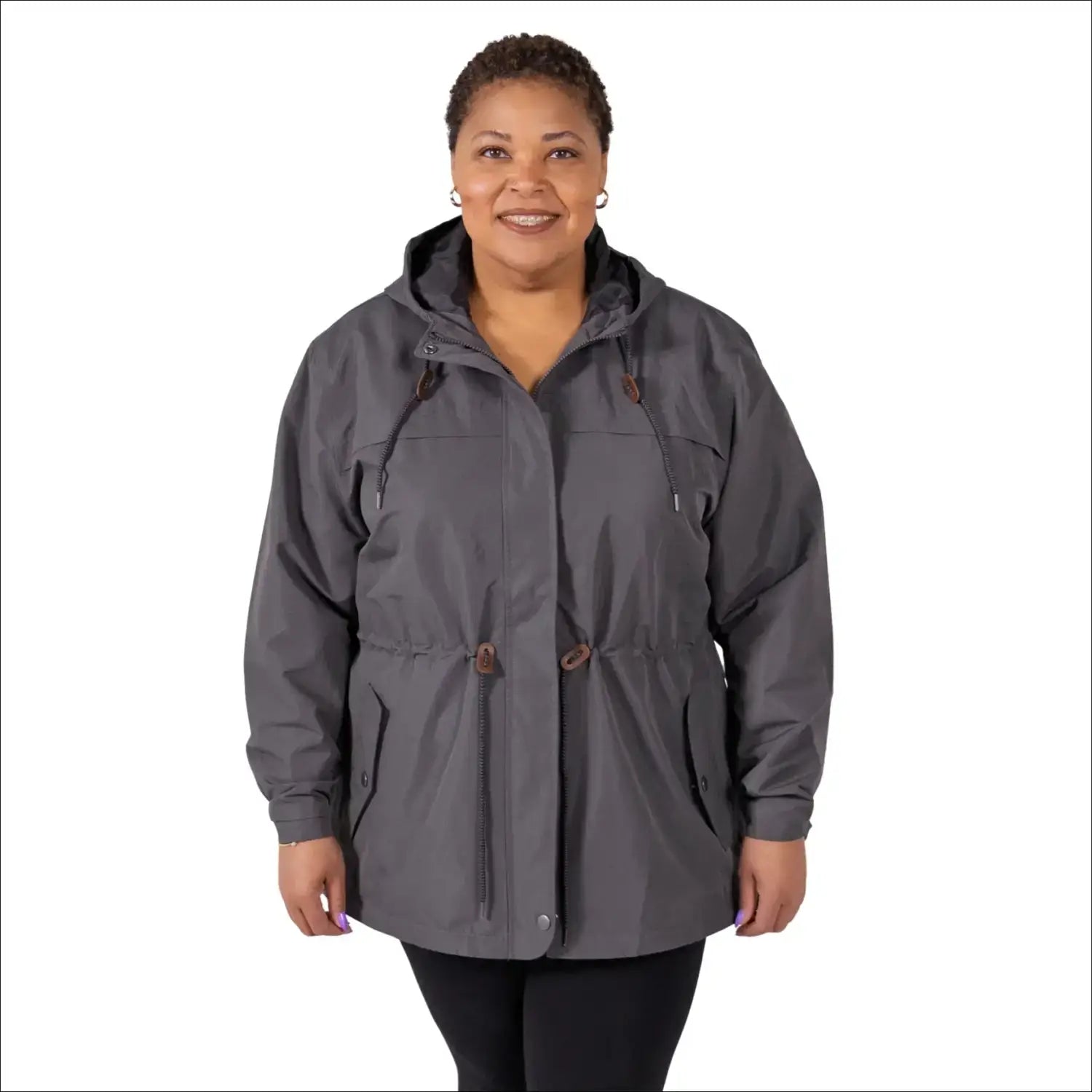 Gray plus size rain jacket on model, front image