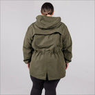 Blue plus size rain jacket on model, back image