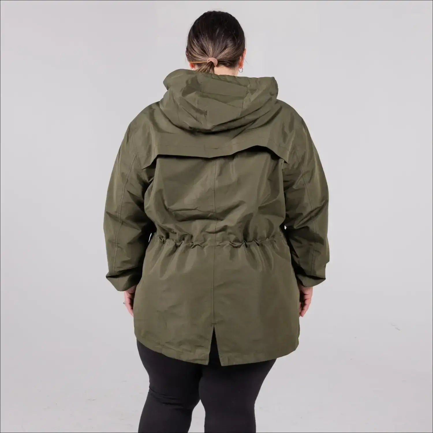 Blue plus size rain jacket on model, back image