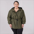 Green plus size rain jacket on model, front image