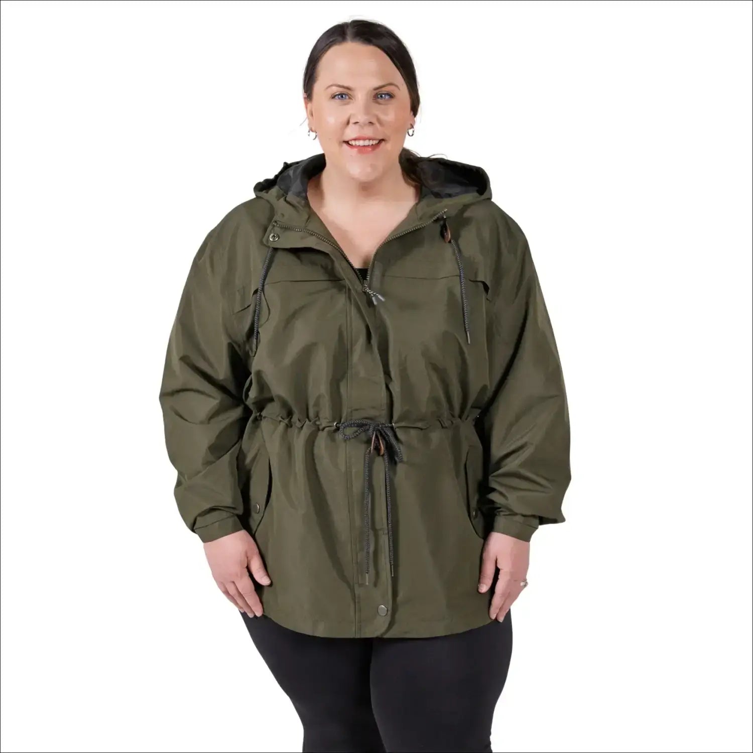 Green plus size rain jacket on model, front image