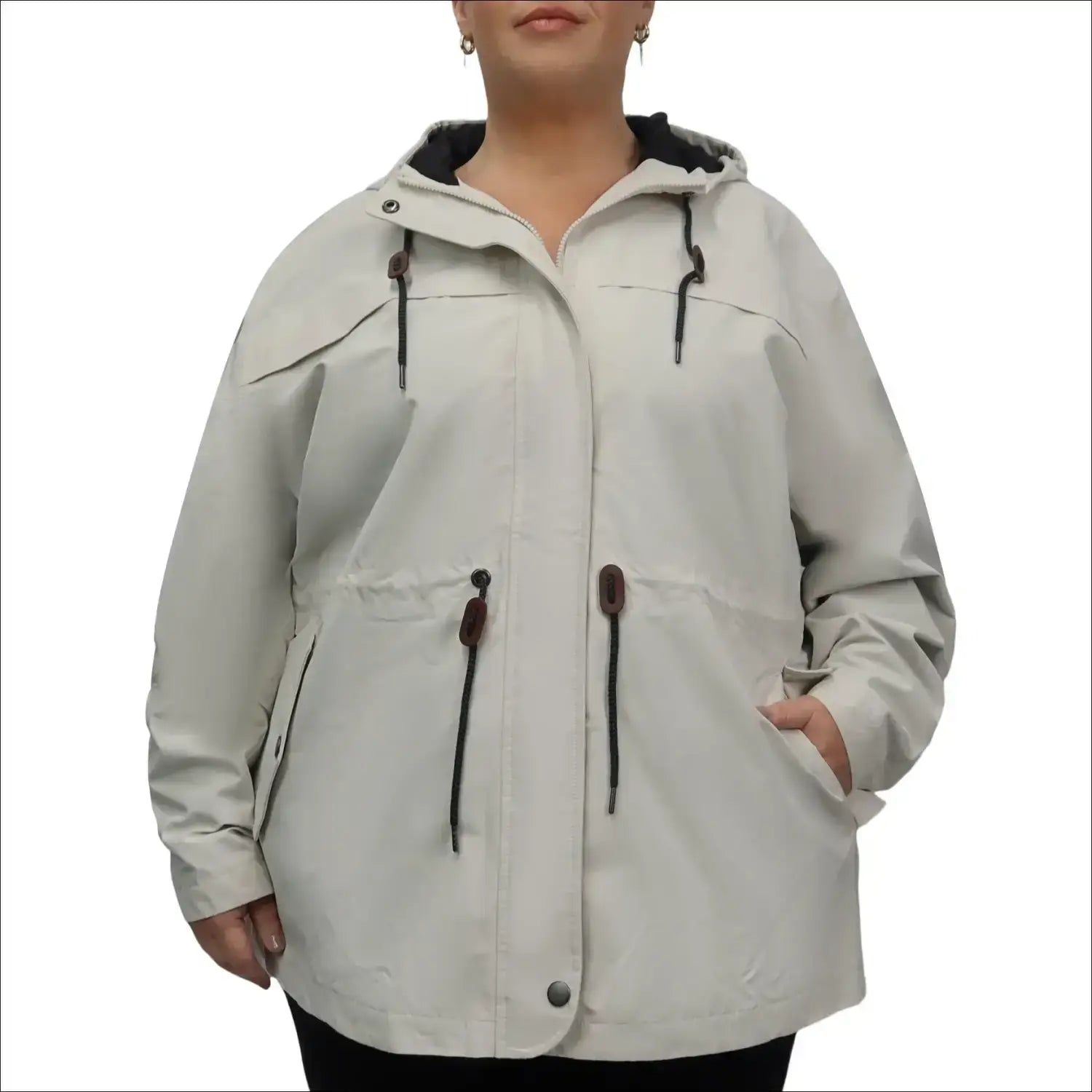 Beige hooded plus size raincoat front image