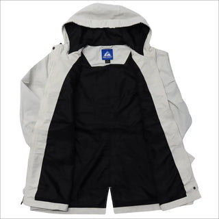 Flat lay of light-colored hooded rain jacket with black lining for plus size women