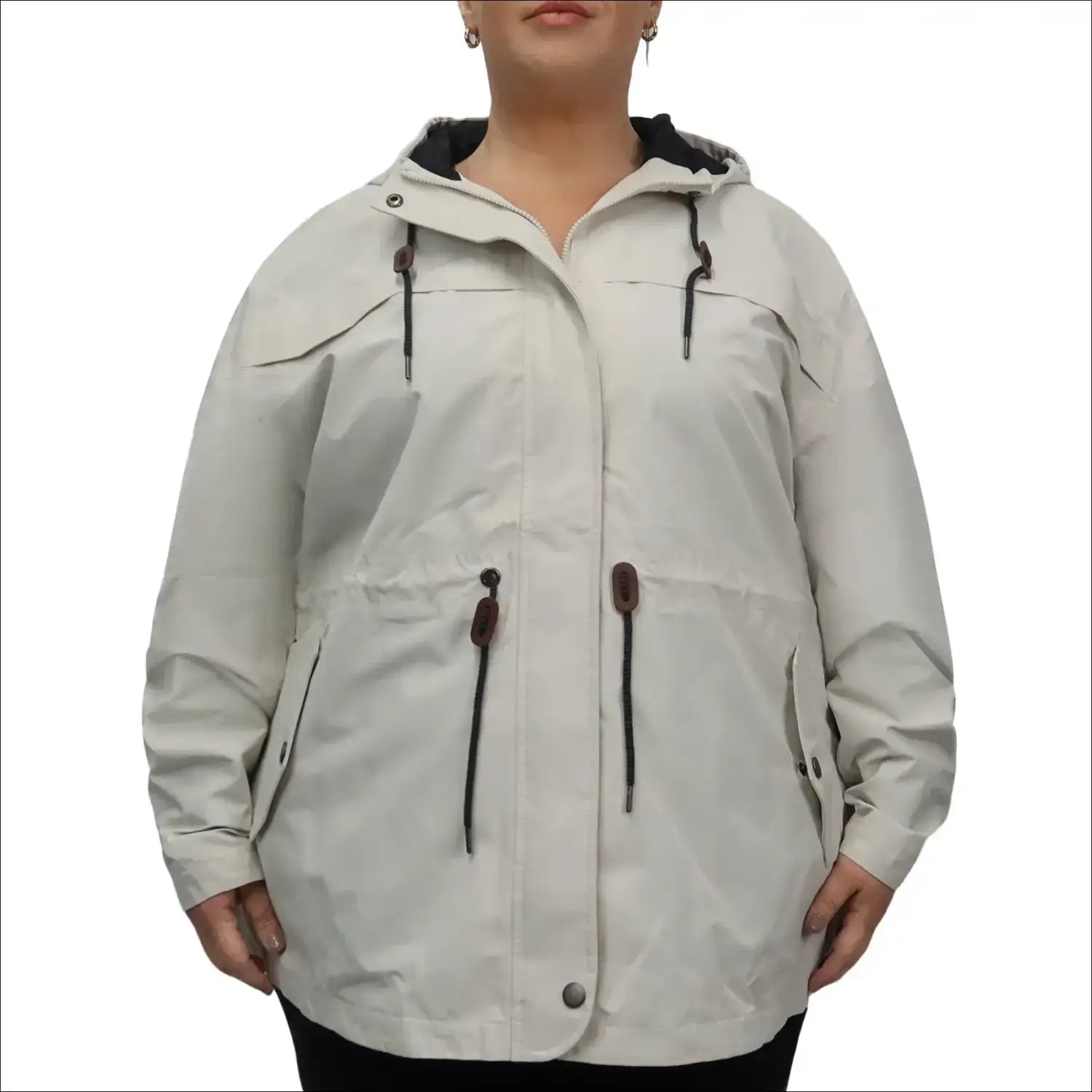 Beige hooded plus-size rain jacket front image