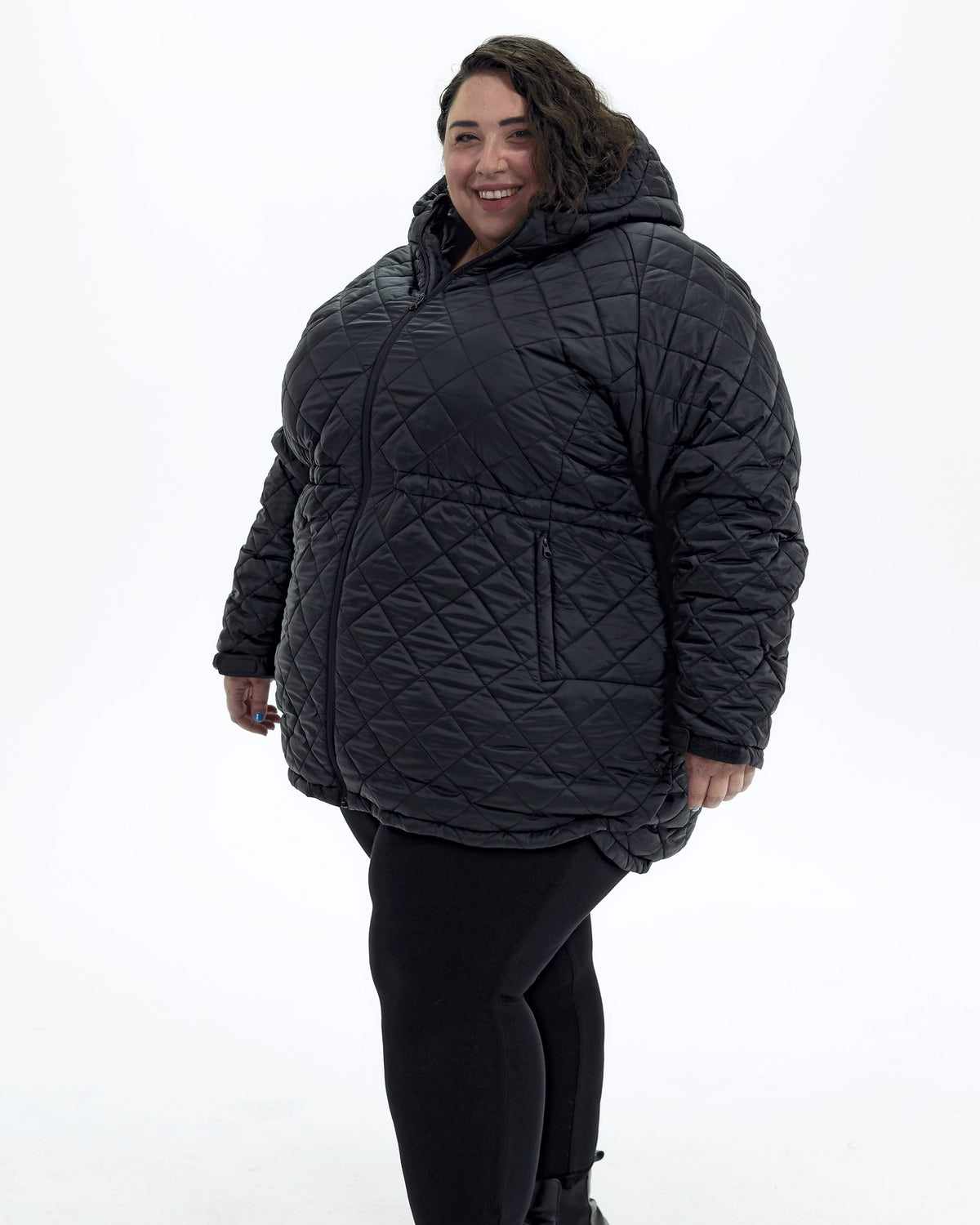 Black The Savvy II plus size quilted jacket, front three quarter | Model is 5'4" and wears a 5X