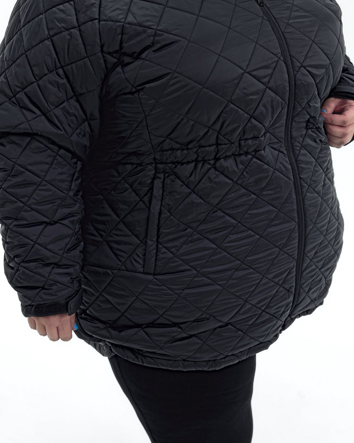 Black The Savvy II plus size quilted jacket, zip hand pocket and drawcord waist detail
