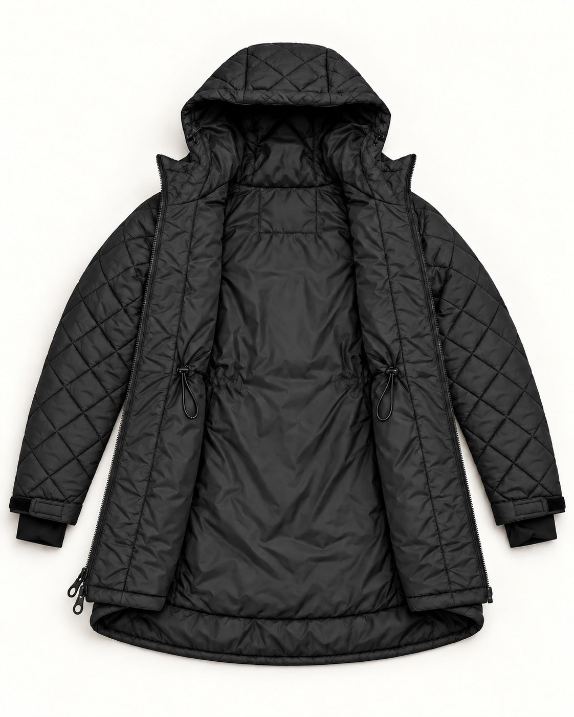 Black The Savvy II plus size quilted jacket, open, showing the black lining and interior waist cords