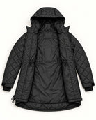 Black The Savvy II plus size quilted jacket, open, showing the black lining and interior waist cords