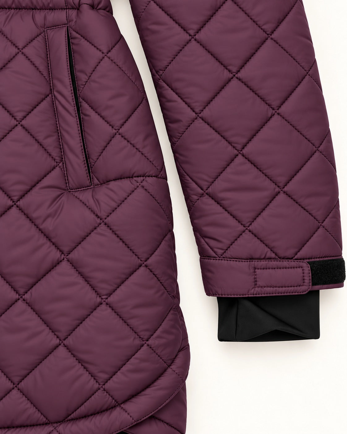 Eggplant The Savvy II plus size quilted jacket, adjustable cuff tab, inner cuff and zip hand pocket detail