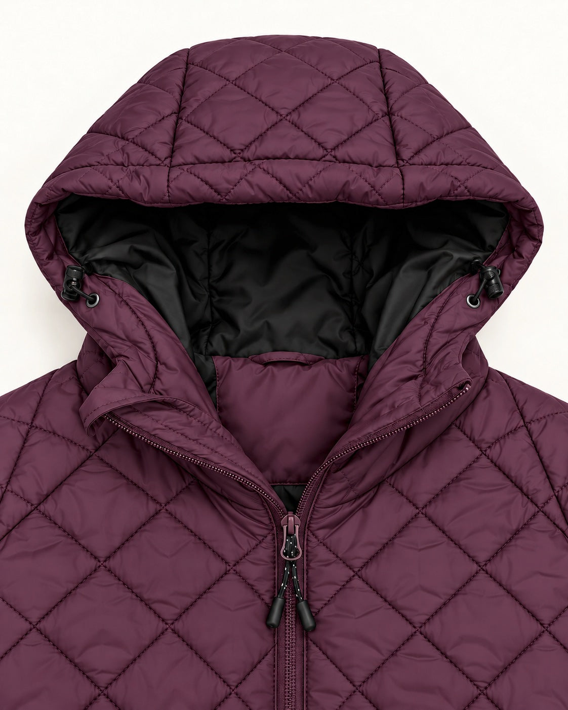 Eggplant The Savvy II plus size quilted jacket, hood and two-way zipper detail