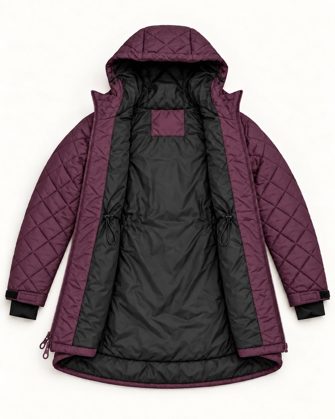 Eggplant The Savvy II plus size quilted jacket, open, showing the black lining and interior waist cords