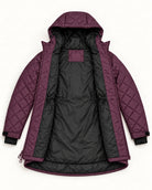 Eggplant The Savvy II plus size quilted jacket, open, showing the black lining and interior waist cords