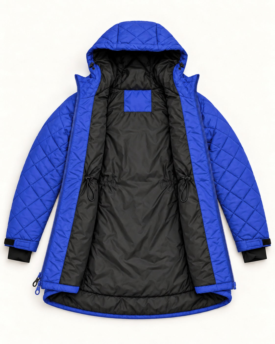 Midnight Blue The Savvy II plus size quilted jacket, open, showing the black lining and interior waist cords