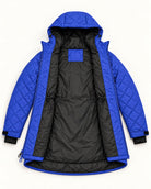 Midnight Blue The Savvy II plus size quilted jacket, open, showing the black lining and interior waist cords
