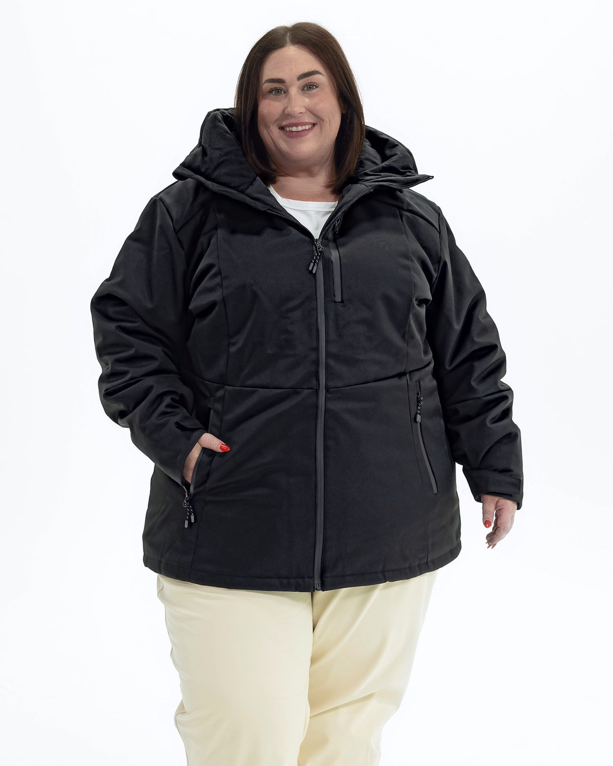 Black The Siberian plus size heavy insulated softshell coat, front | Model is 5'4" and wears a 3X