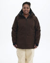 Chocolate The Siberian plus size heavy insulated softshell coat, front | Model is 5'6" and wears a 1X