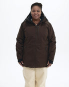 Chocolate The Siberian plus size heavy insulated softshell coat, front | Model is 5'6" and wears a 1X