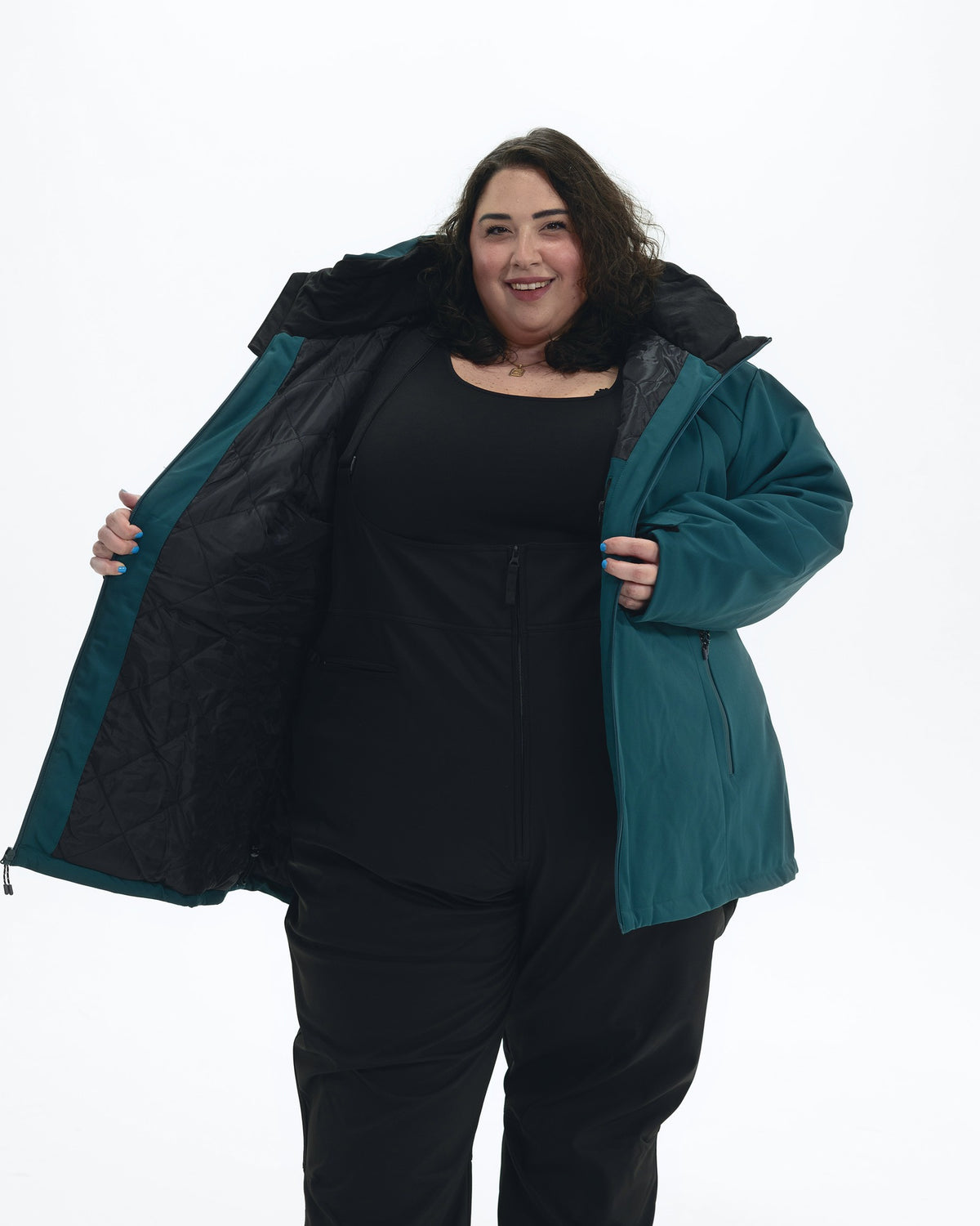 Deep Lagoon The Siberian plus size heavy insulated softshell coat, worn open showing the quilted lining | Model is 5'4" and wears a 5X
