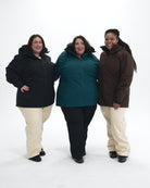 The Siberian plus size heavy insulated softshell coat, sizes 1X to 6X, worn by three models in Black, Deep Lagoon and Chocolate