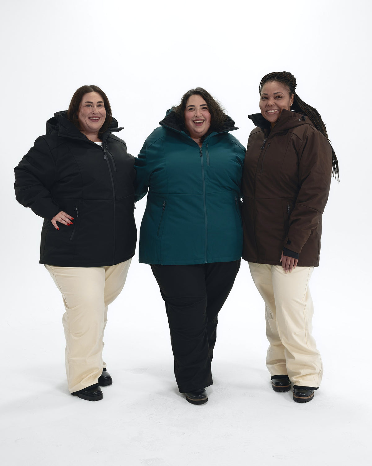 The Siberian plus size heavy insulated softshell coat, sizes 1X to 6X, worn by three models in Black, Deep Lagoon and Chocolate