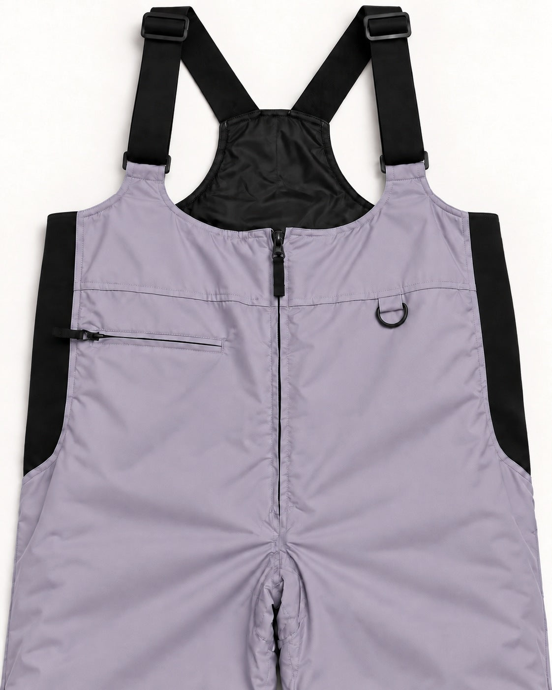 Lavender women's plus size Vertex snow bib overalls, sizes 1X to 6X, chest zip pocket, D-ring and black stretch side panel detail