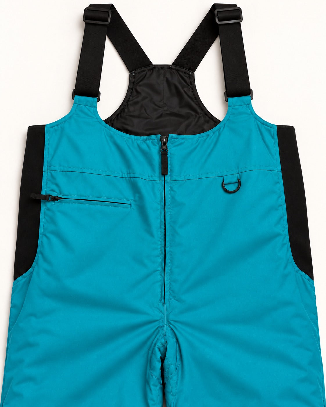 Teal women's plus size Vertex snow bib overalls, sizes 1X to 6X, chest zip pocket, D-ring and black stretch side panel detail