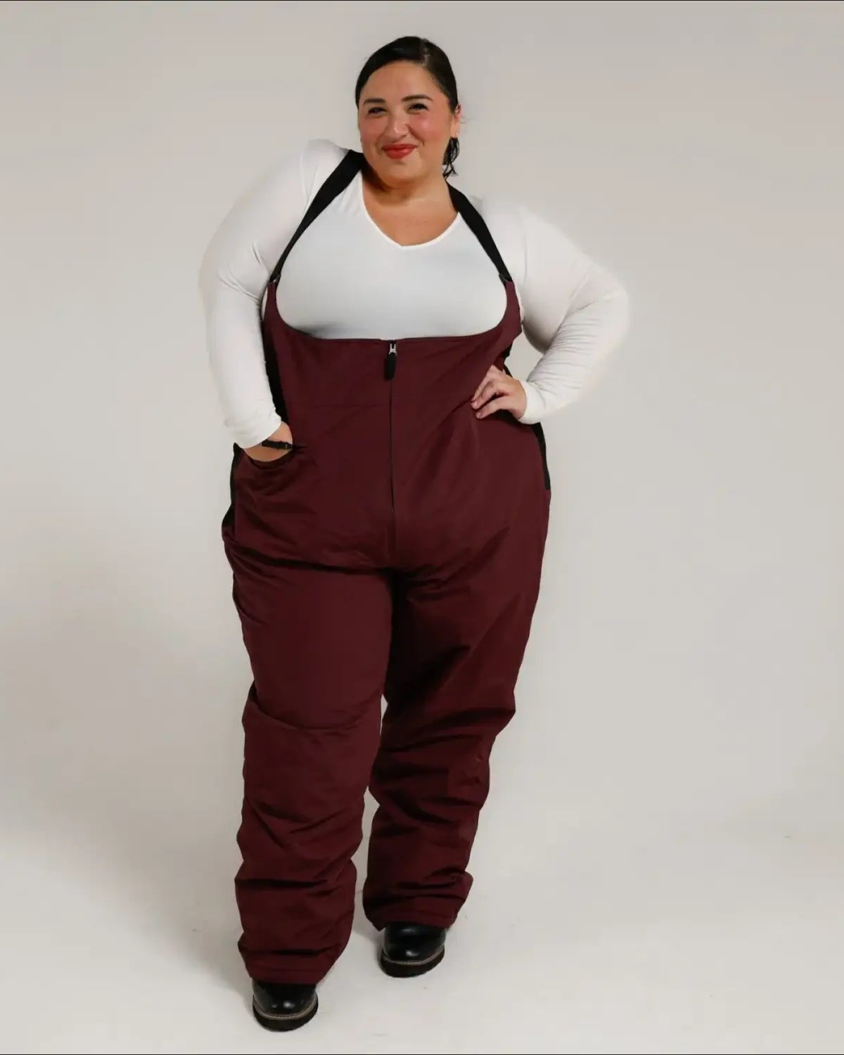 Burgundy snow bib overalls from Snow Country Outerwear Women’s Plus Size Vertex Ski Bibs