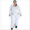 Plus-size woman in white insulated ski pants and long-sleeved shirt for winter skiing