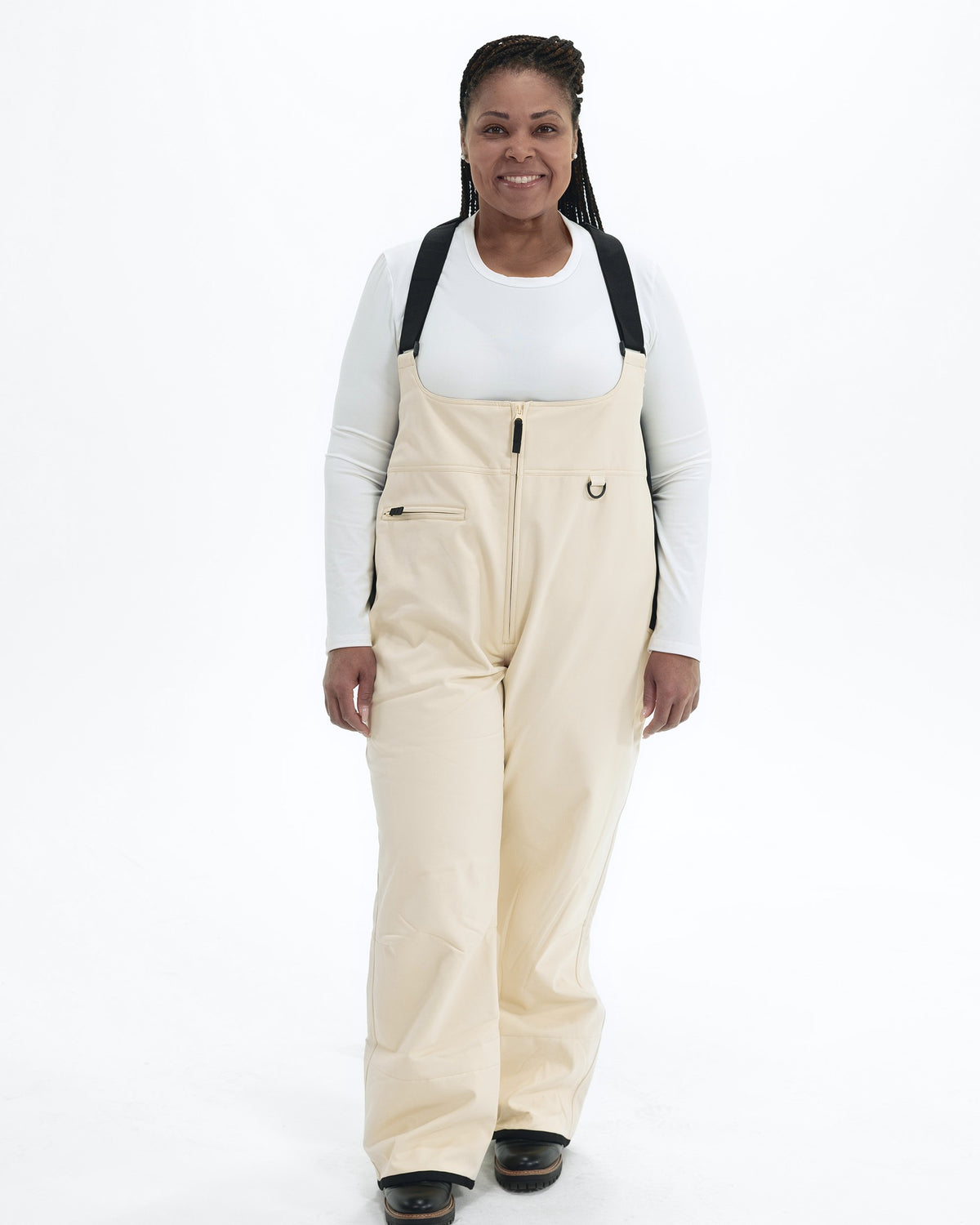 Vanilla women's plus size soft shell snow bibs, front | Model is 5'6" and wears a 1X