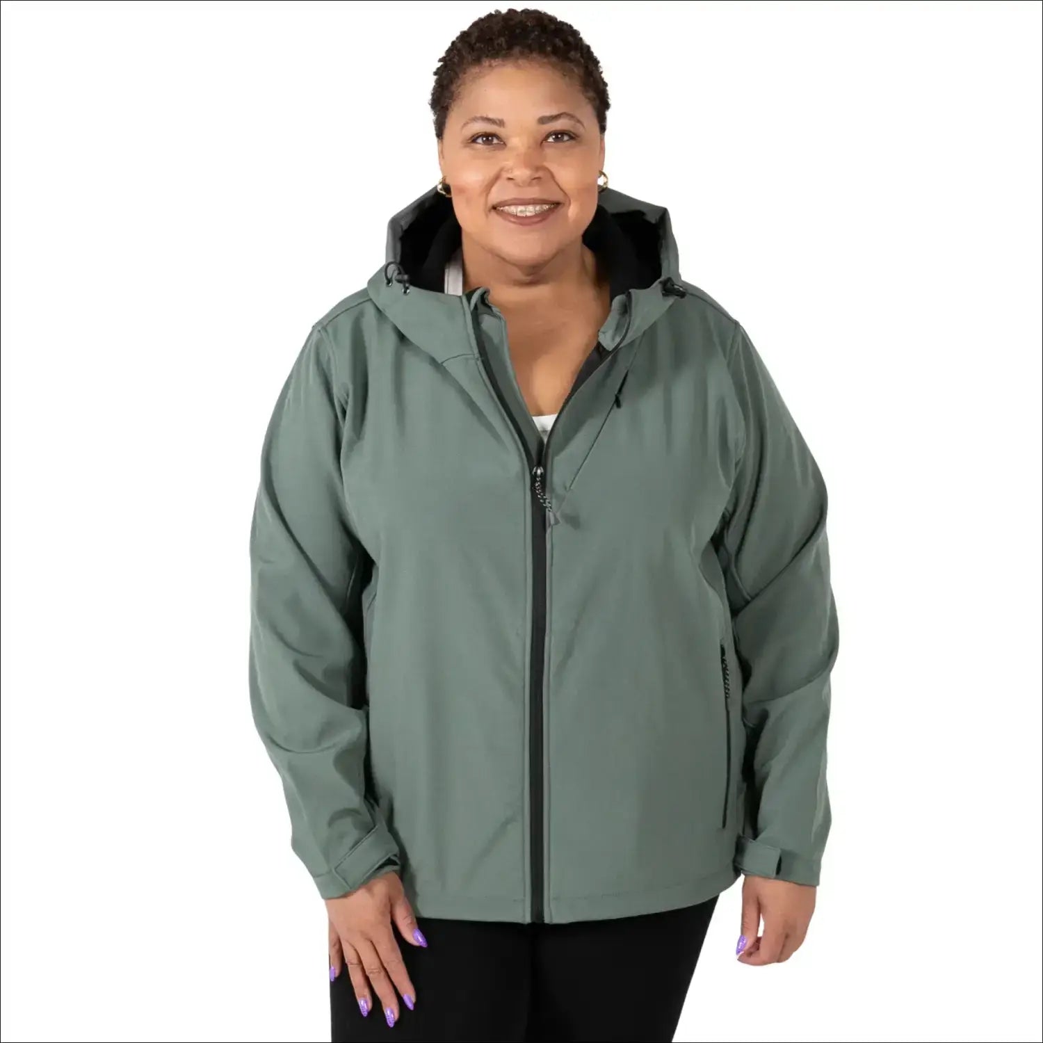 Green hooded rain jacket for Women’s Plus Size 1X-6X Micro Fleece Soft Shell outerwear