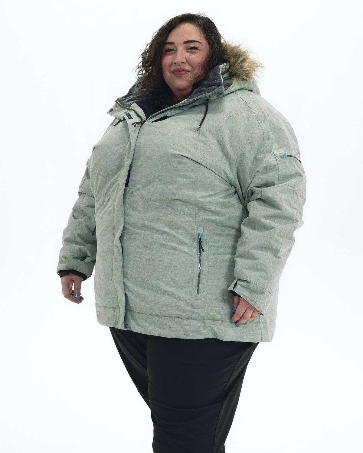 Green Lily The Sugar Coat II plus size insulated snow jacket, three quarter view | Model is 5'4" and wears a 5X