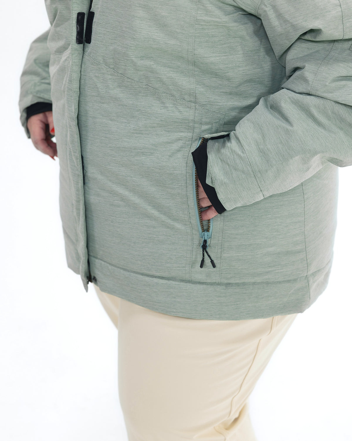 Green Lily The Sugar Coat II plus size insulated snow jacket, side zip pocket detail