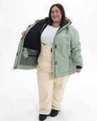 Green Lily The Sugar Coat II plus size insulated snow jacket, worn open showing the thermal mesh lining | Model is 5'4" and wears a 3X