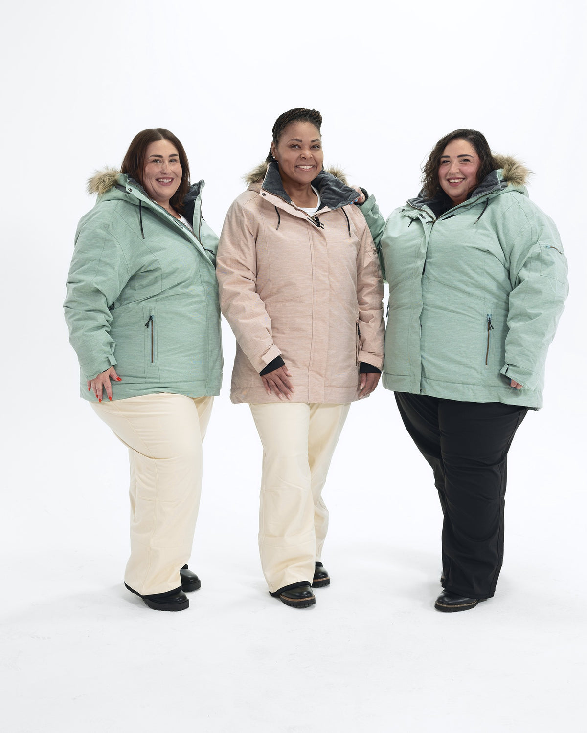 The Sugar Coat II plus size insulated snow jacket, sizes 1X to 6X, worn by three models in Green Lily and Pink Blush