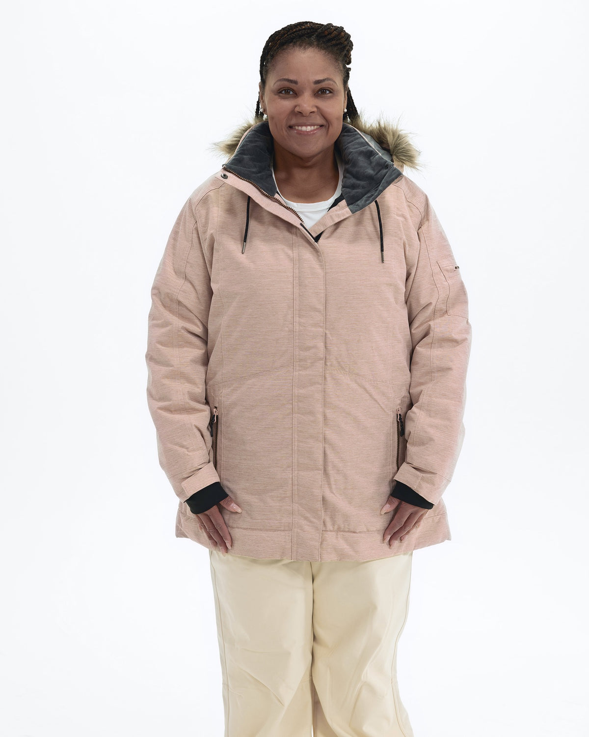 Pink Blush The Sugar Coat II plus size insulated snow jacket, front | Model is 5'6" and wears a 1X