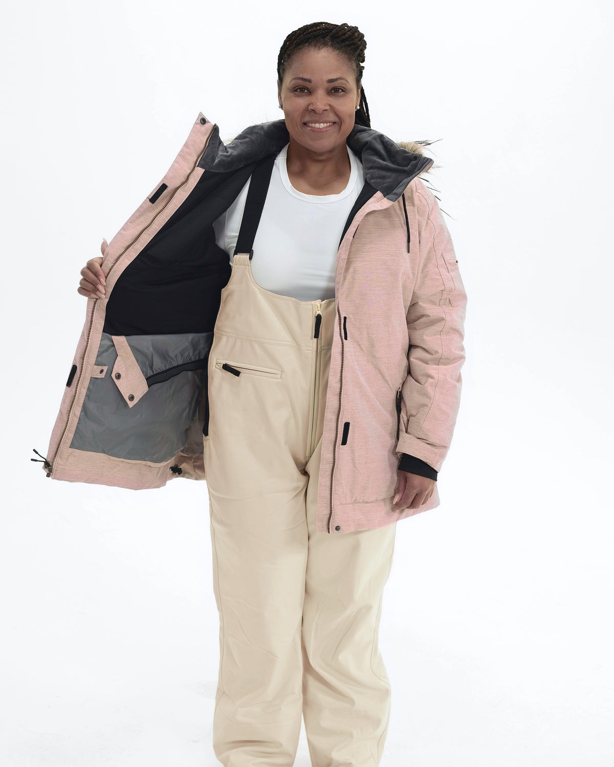 Pink Blush The Sugar Coat II plus size insulated snow jacket, worn open showing the thermal mesh lining | Model is 5'6" and wears a 1X