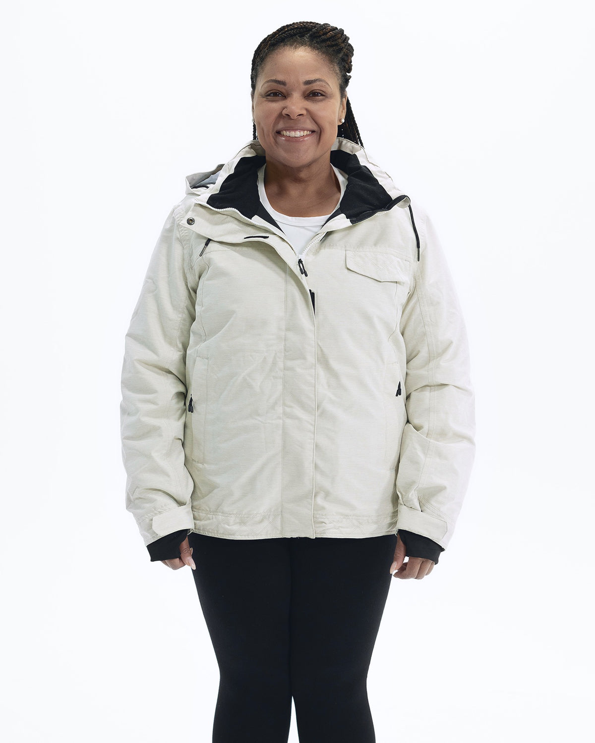 Soap Stone Sugarcoat plus size insulated snow jacket, front | Model is 5'6" and wears a 1X