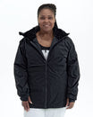 Black Tempest women's plus size insulated snow jacket, front | Model is 5'6" and wears a 1X