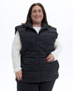 Black Tempo II women's plus size insulated vest, front | Model is 5'4" and wears a 3X