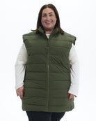 Scout Green Tempo II women's plus size insulated vest, front | Model is 5'4" and wears a 3X